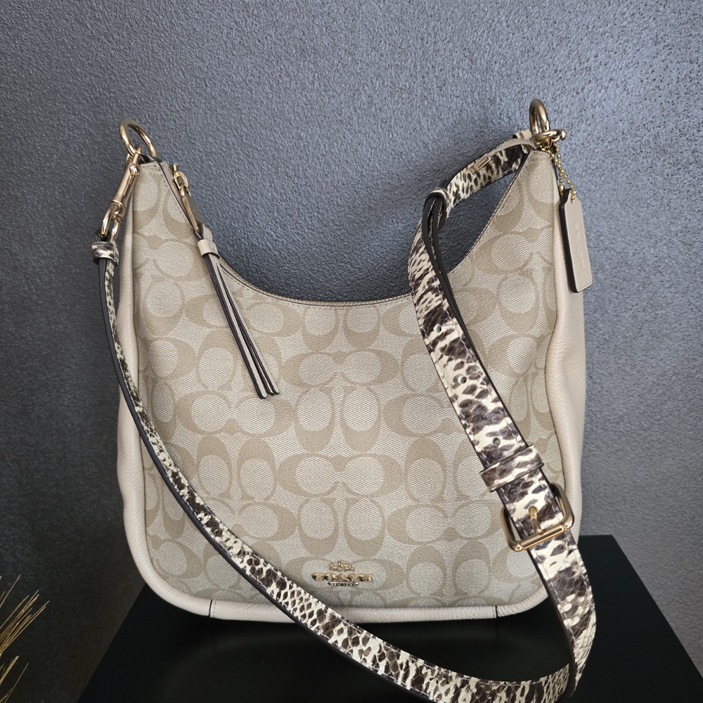 Coach Jules Hobo Pebble & Snake-Embossed Leather Bag Light Khaki/Ivory C91